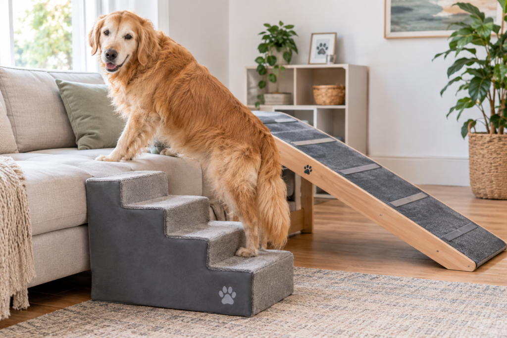 Perro Golden Retriever mayor utilizando unas escaleras acolchadas y una rampa antideslizante para subir al sofá en un salón luminoso.