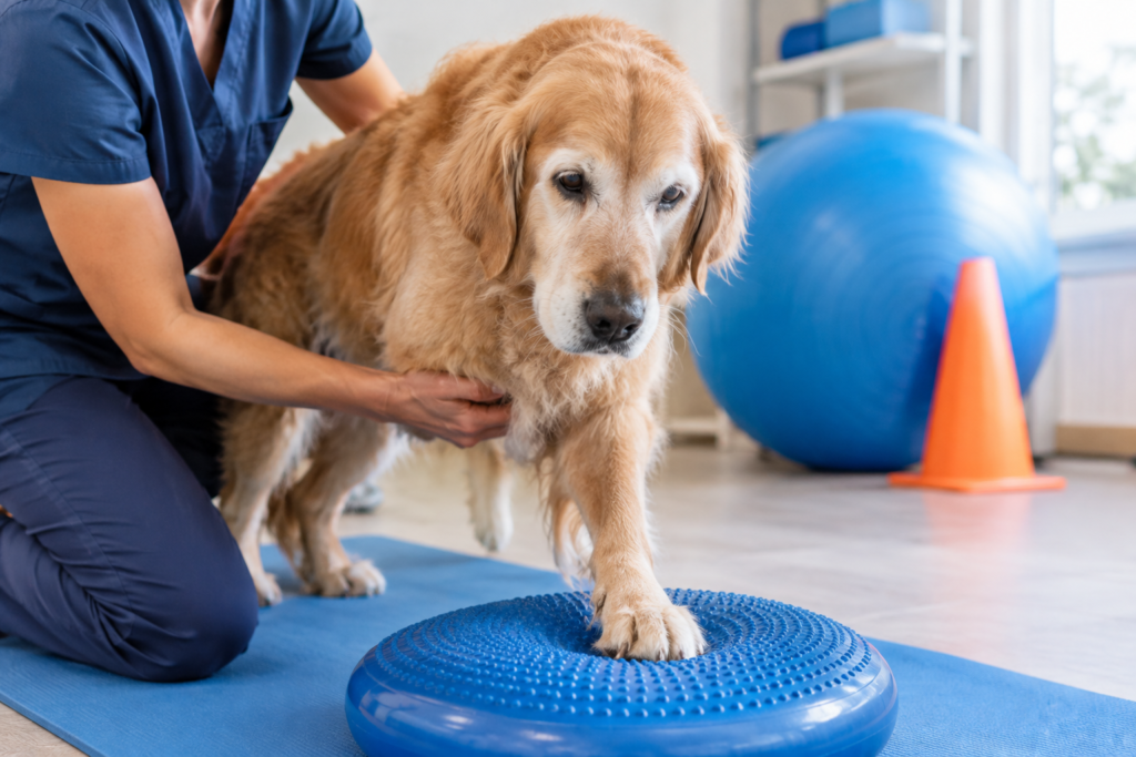 Perro Golden Retriever mayor realizando un ejercicio de equilibrio sobre una plataforma de fisioterapia, con la ayuda de un profesional veterinario en una clínica de rehabilitación.