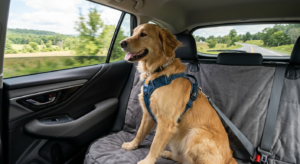 Perro senior viajando en un coche de forma segura