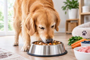 Perro Golden Retriever comiendo pienso de su cuenco de acero inoxidable, junto a ingredientes frescos como zanahorias, arándanos y verduras.