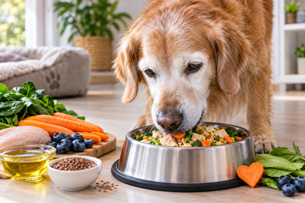 Perro mayor con problemas de corazón disfrutando una comida saludable