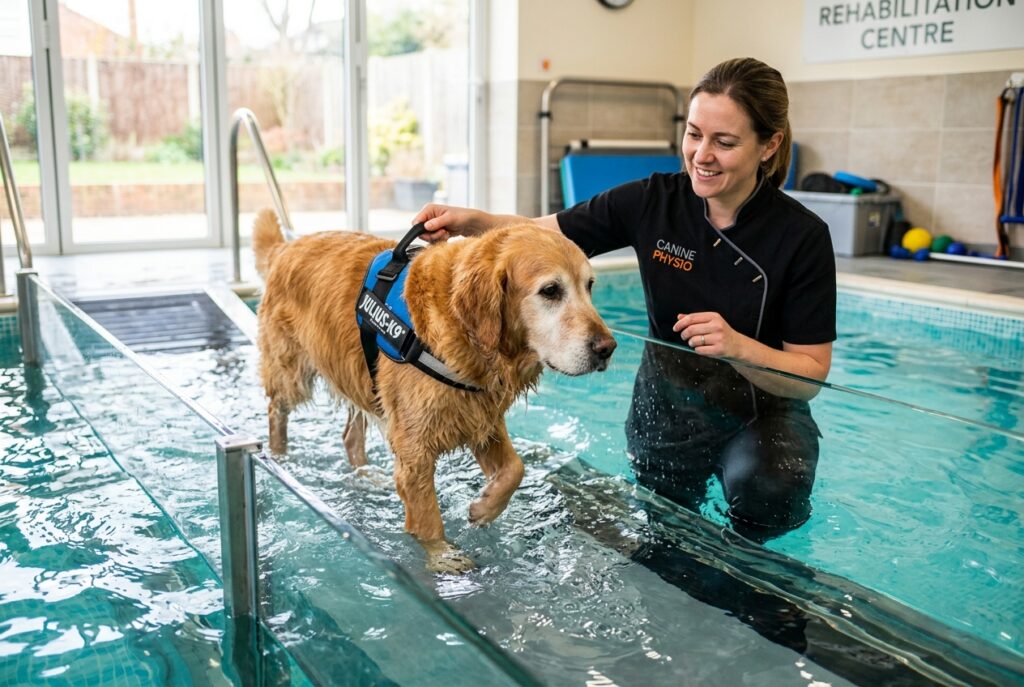 Perro senior realizando hidroterapia