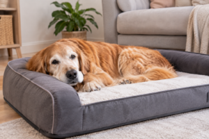Perro Golden Retriever de edad avanzada descansando en una cama ortopédica acolchada de color gris, con bordes elevados y superficie suave, en un salón acogedor.