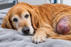 Perro Golden Retriever con un tumor visible en el costado, recostado sobre una manta. La imagen representa el cáncer en perros y la importancia de la atención veterinaria.