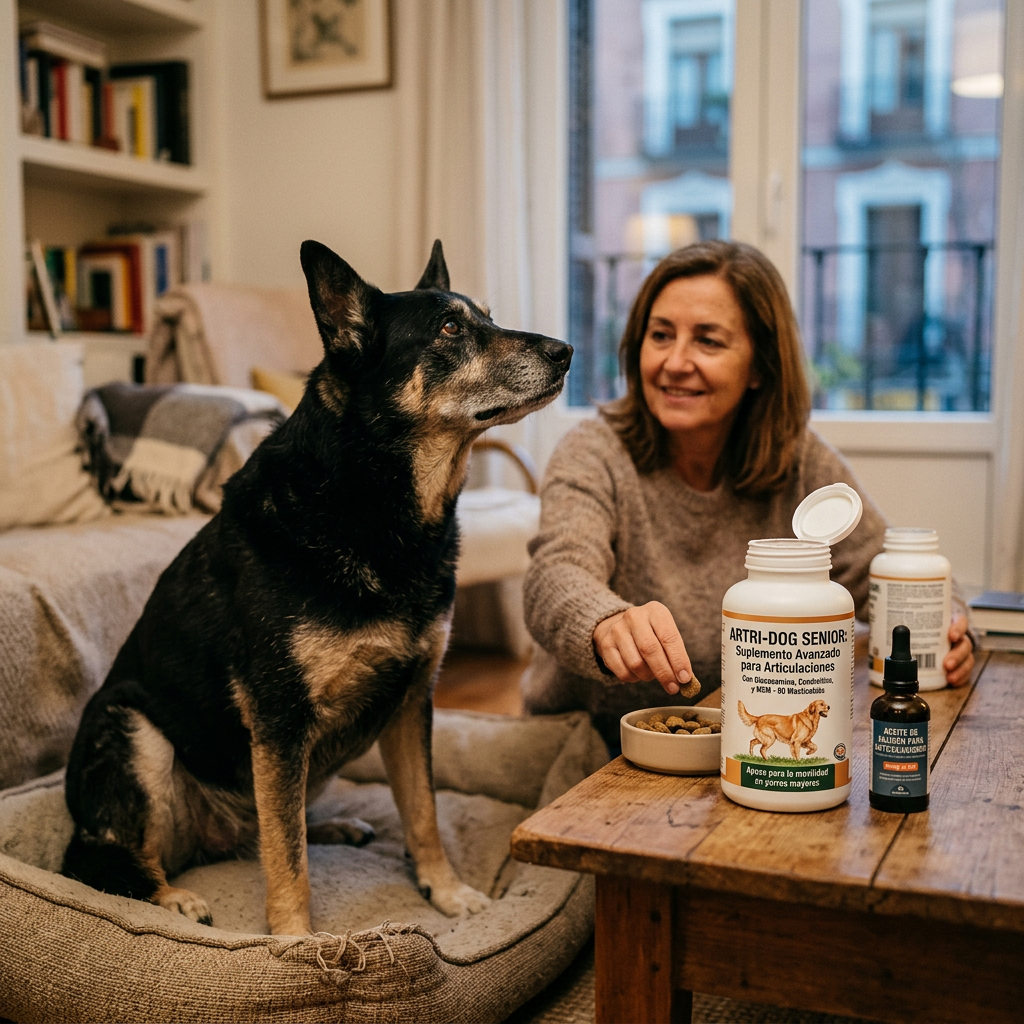 Mujer preparando suplementos para un perro mayor junto a productos etiquetados para el cuidado de las articulaciones.
