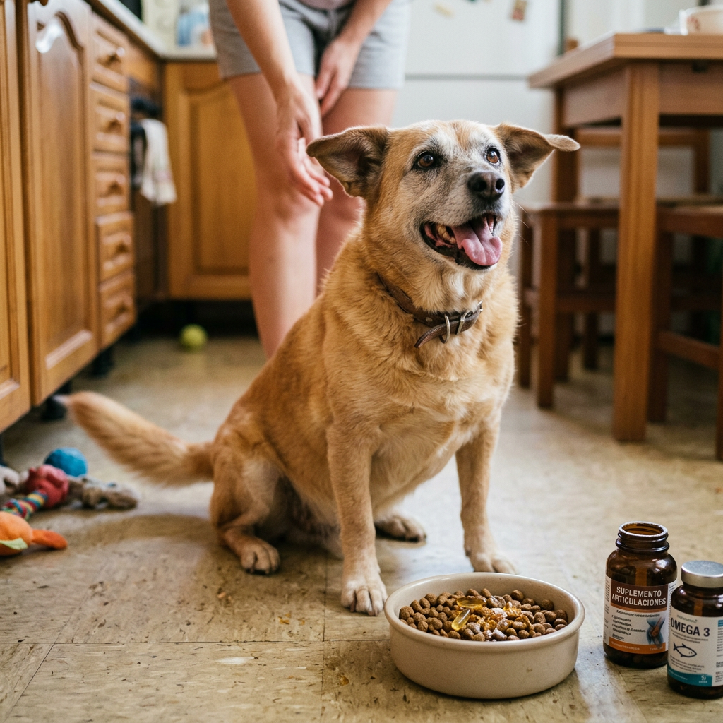 Perro feliz sentado junto al comedero y a los frascos de suplementos para las articulaciones.