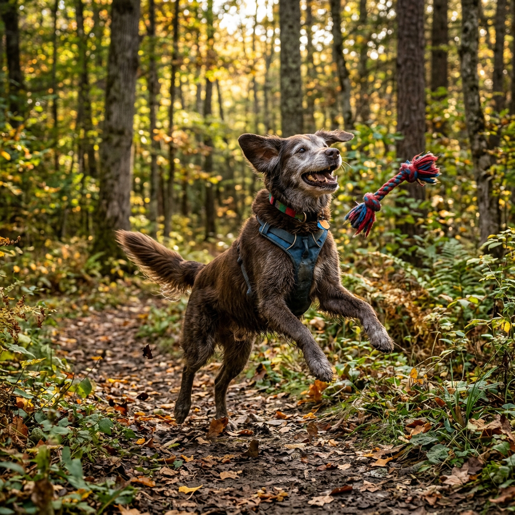 Perro saltando en un sendero forestal hacia un juguete de cuerda colorido.
